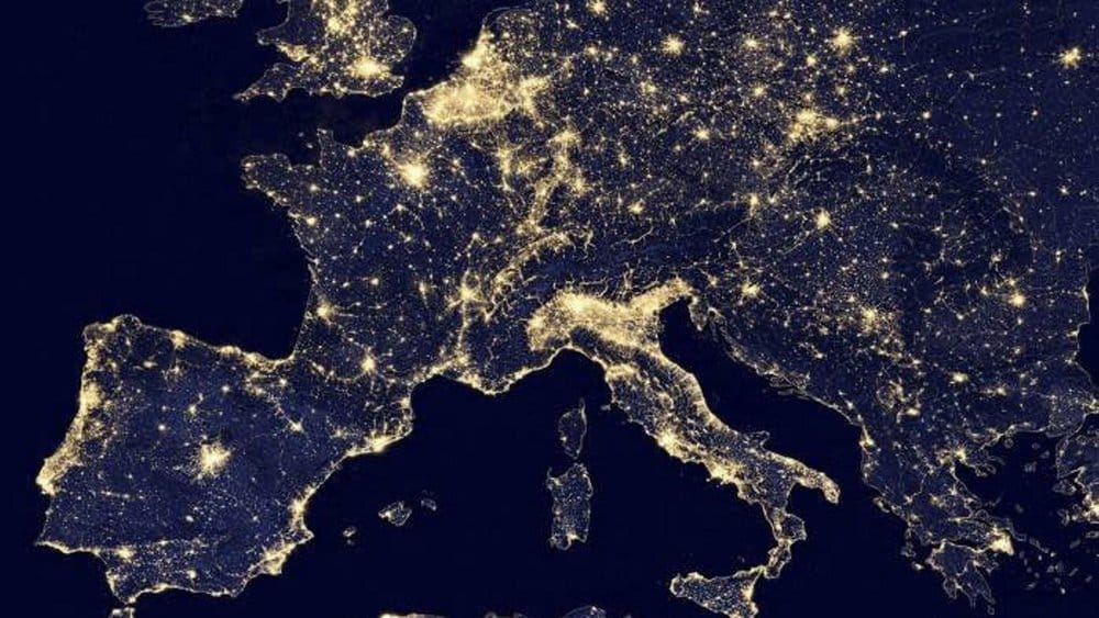 satellite view of europe at night