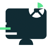 Icon of computer screen with speed lines and doughnut chart