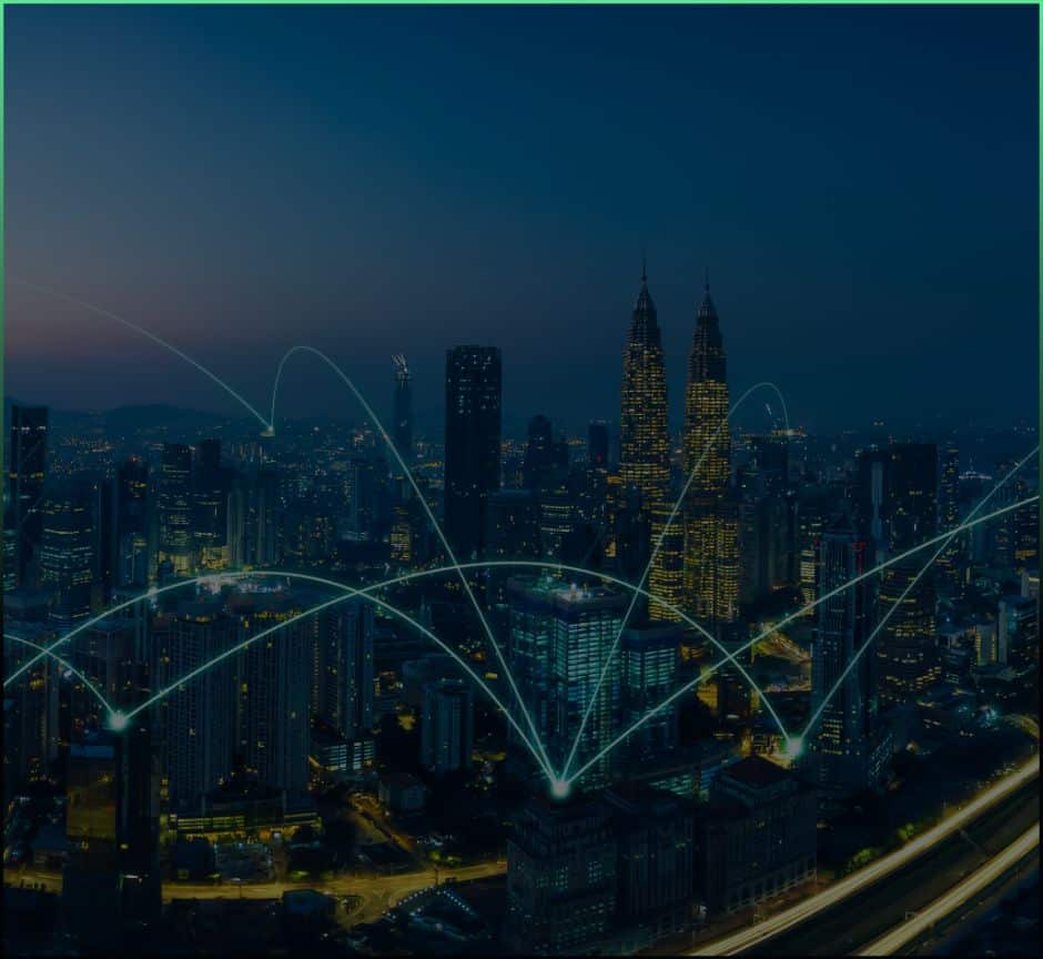 a city at night with various buildings connected by glowing white arcs